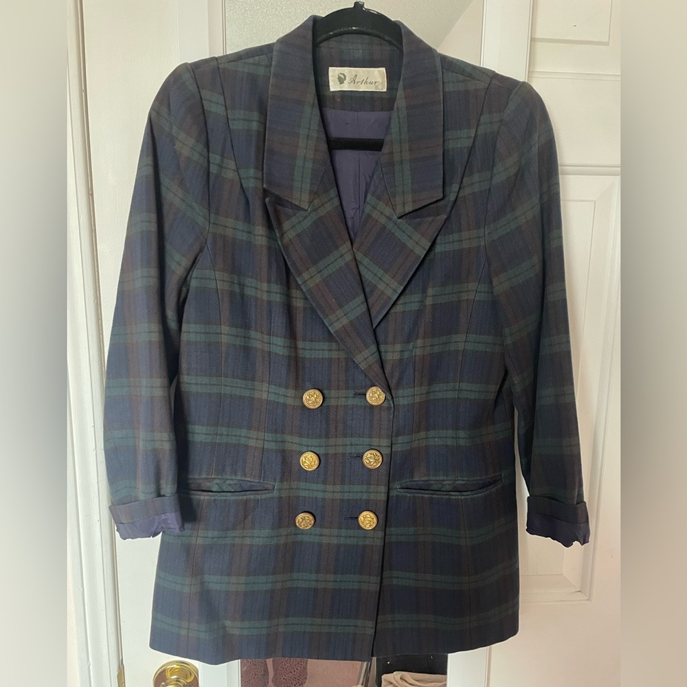 Arthur Small Plaid green and blue gold button double breasted blazer